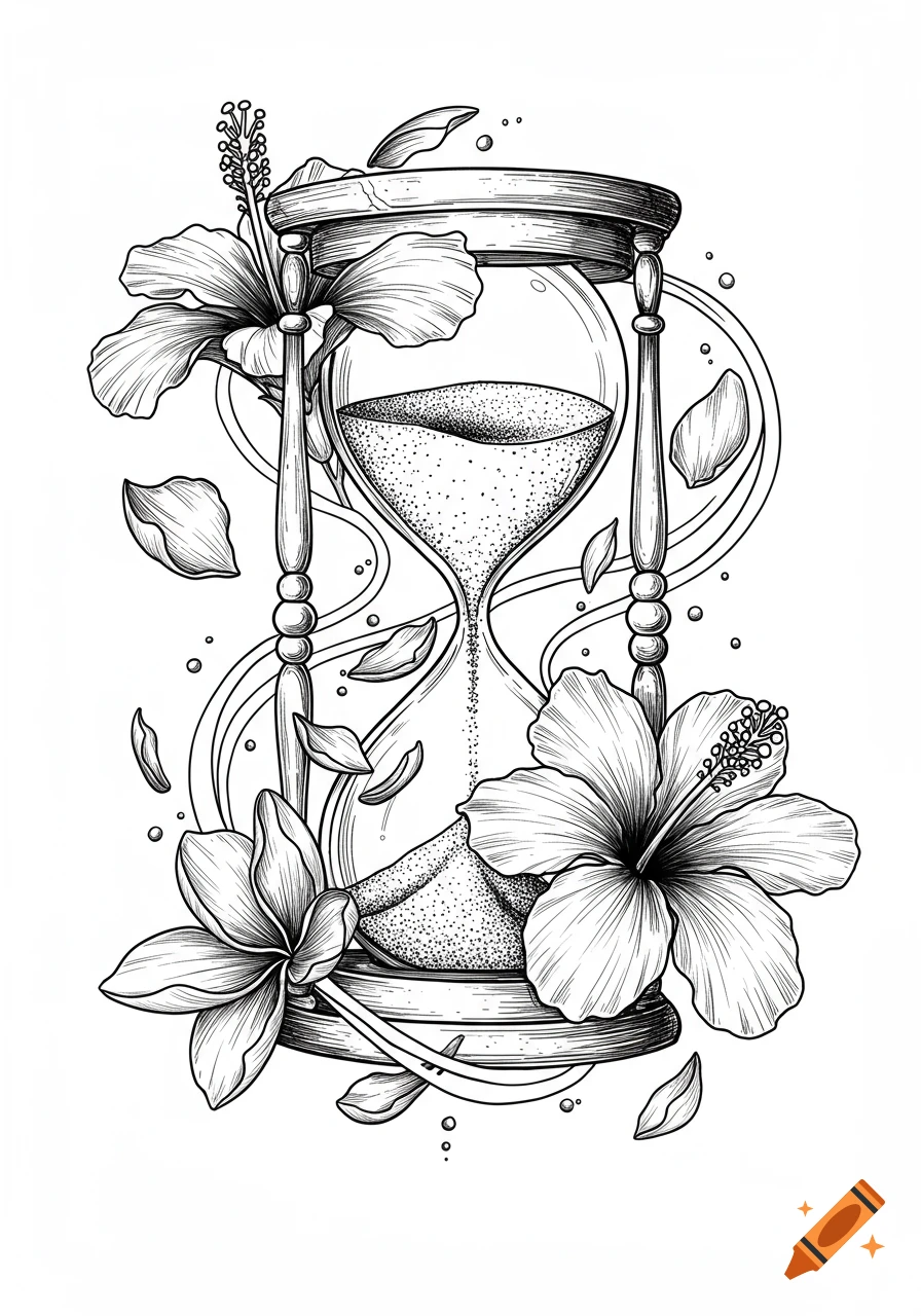 Black and white linear illustration of an hourglass with sand flowing, surrounded by hibiscus flowers and falling petals.