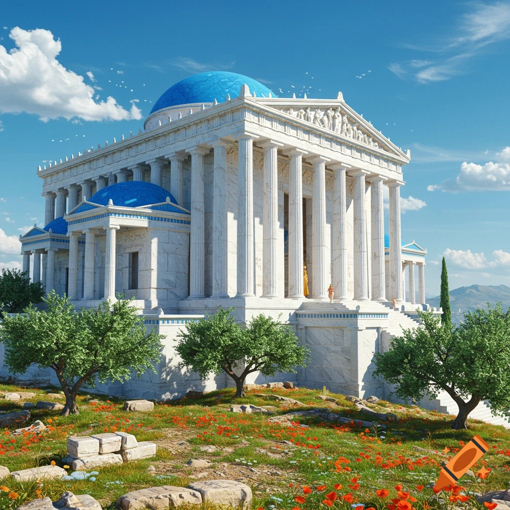 A massive white and blue Ancient Greek monument with domed roofs stands on a vibrant, flower-strewn hill under a blue sky.