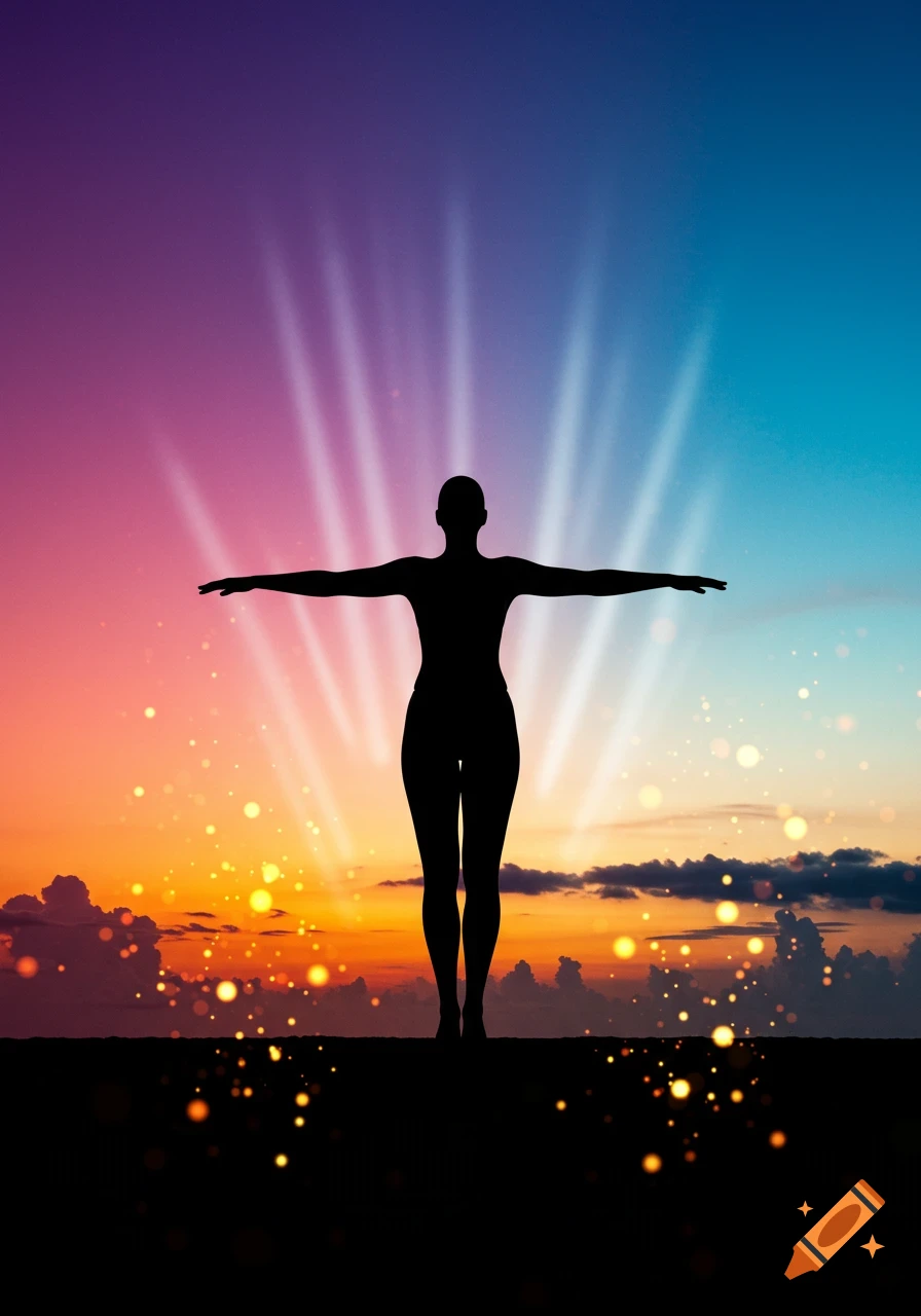 A human silhouette with outstretched arms against a vibrant purple, orange, and blue sunset sky with glowing lights.