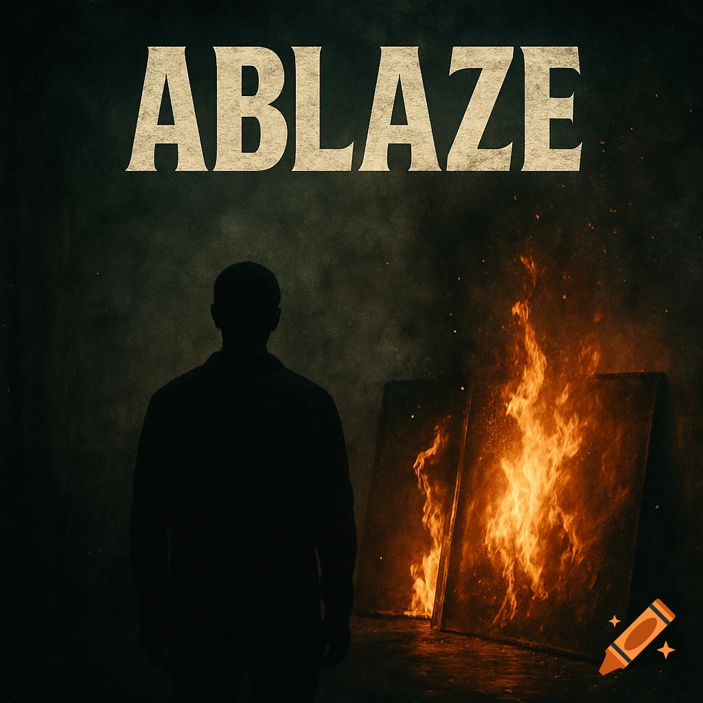 A shadowy silhouette stands in a dim room before canvases engulfed in flames, with the title 'ABLAZE' above in a dark, gritty cinematic style.