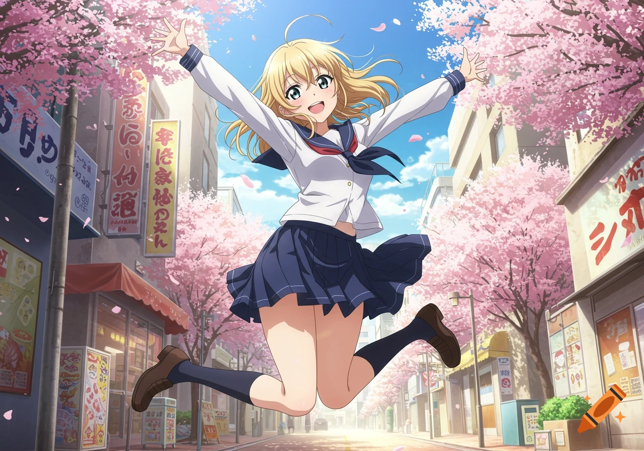 Energetic anime girl with blonde hair in a school uniform jumps joyfully on a cherry blossom-lined street with shops.