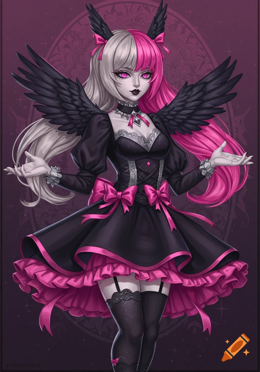An anime character with split white and pink hair, crow-like feather ears, glowing pink eyes, and a black gothic dress with pink bows and ruffles, posing with open hands.