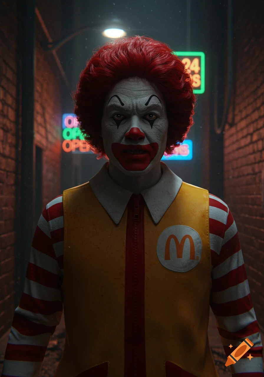 A hyperrealistic, creepy Ronald McDonald with a red wig and clown makeup stares intensely from a dark, brick alleyway lit by neon signs.