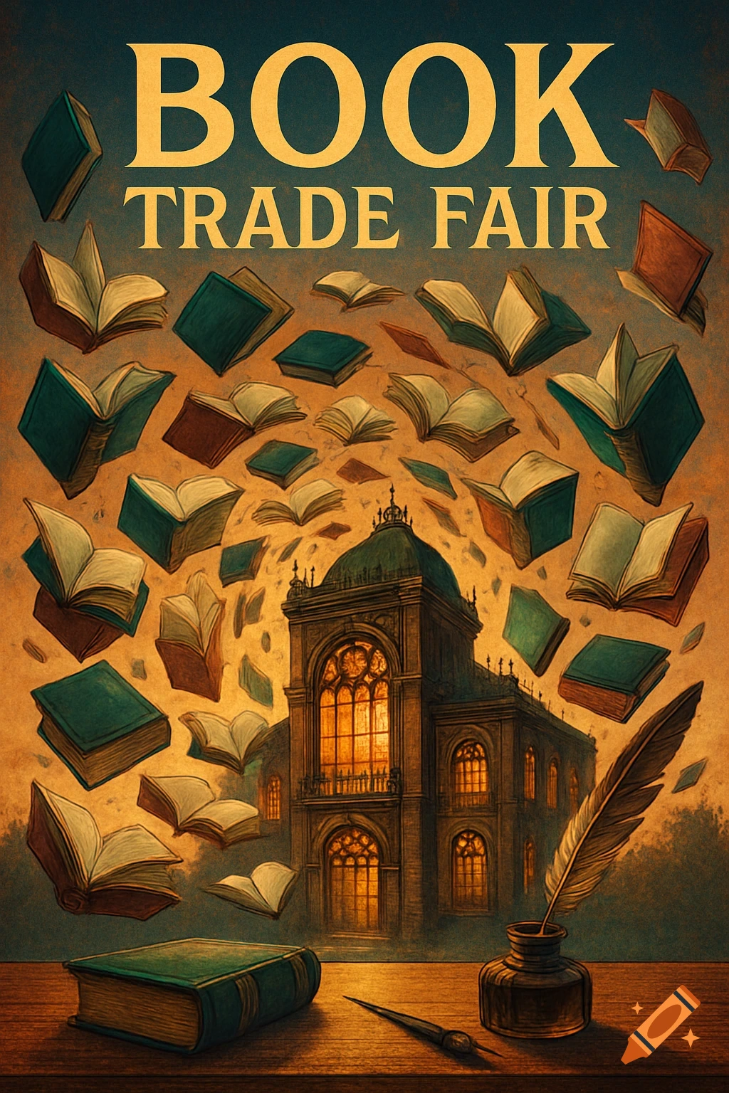 Vintage-style artistic poster for a book trade fair, with a grand building, flying books, a quill, and an inkwell on a desk.