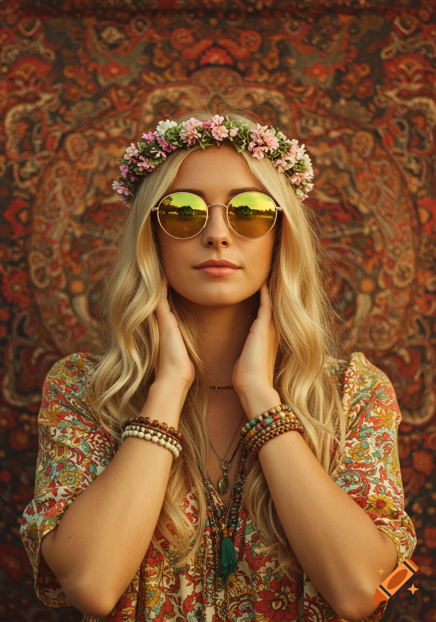 A blonde woman in a flower crown, round sunglasses, bohemian dress, and layered jewelry, with an ornate tapestry background.