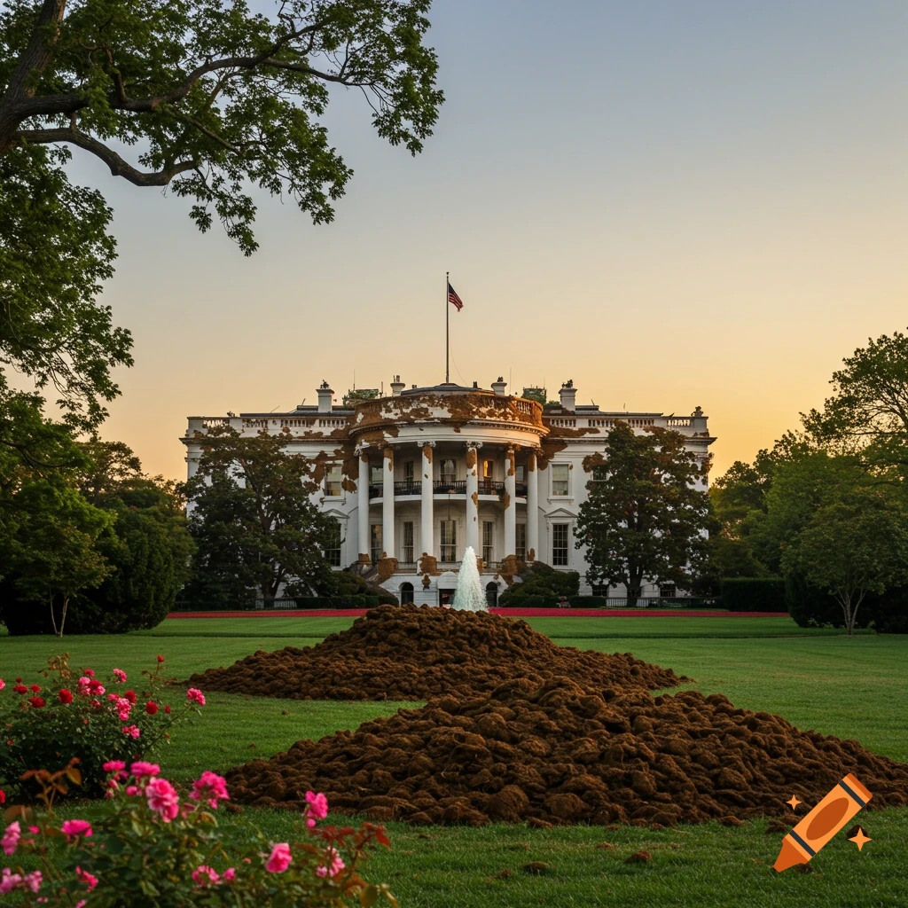 The White House covered in large piles of cow poop on its front lawn at sunset, with a fountain in front.