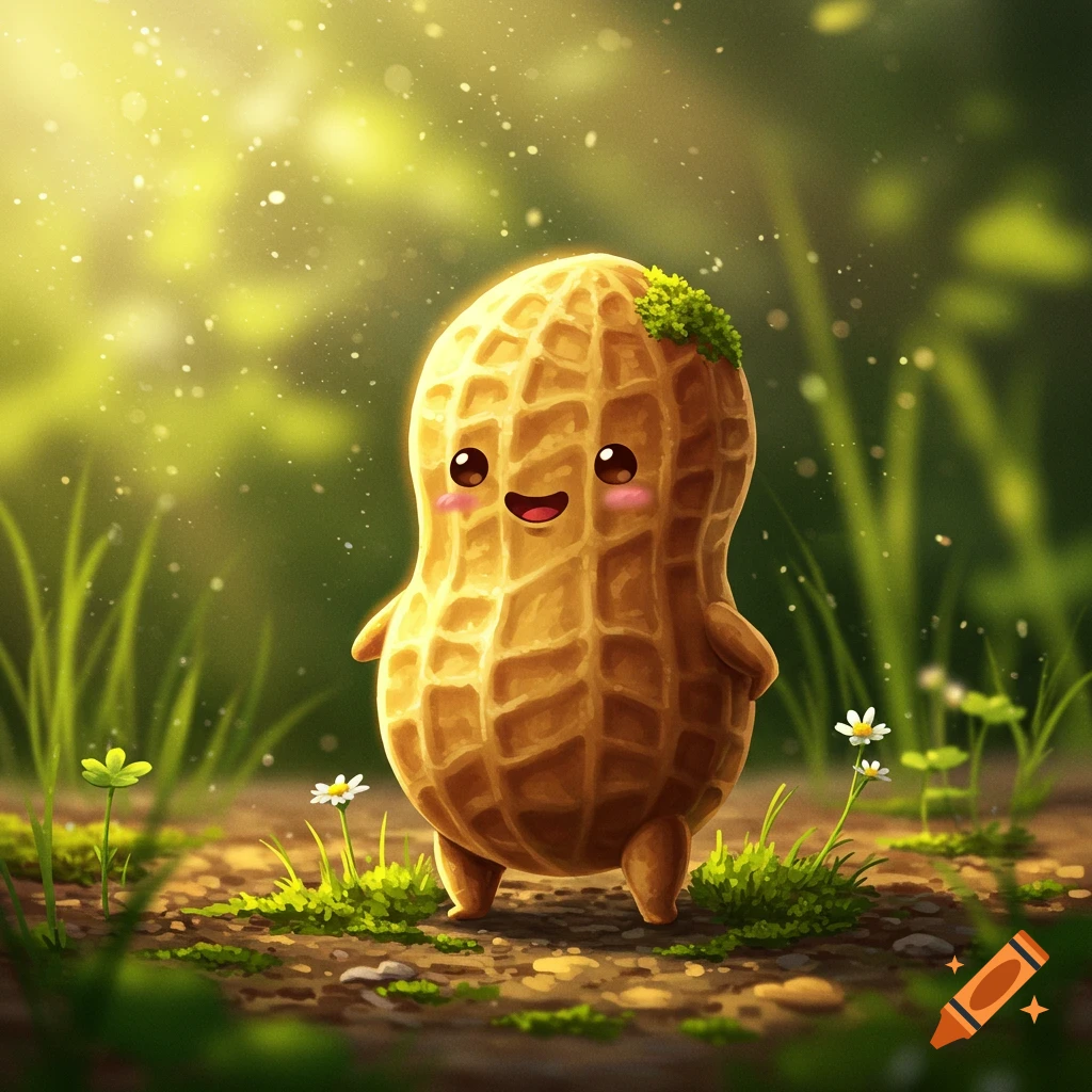 A cute, smiling cartoon peanut character with pink blush stands in a sun-dappled green forest.