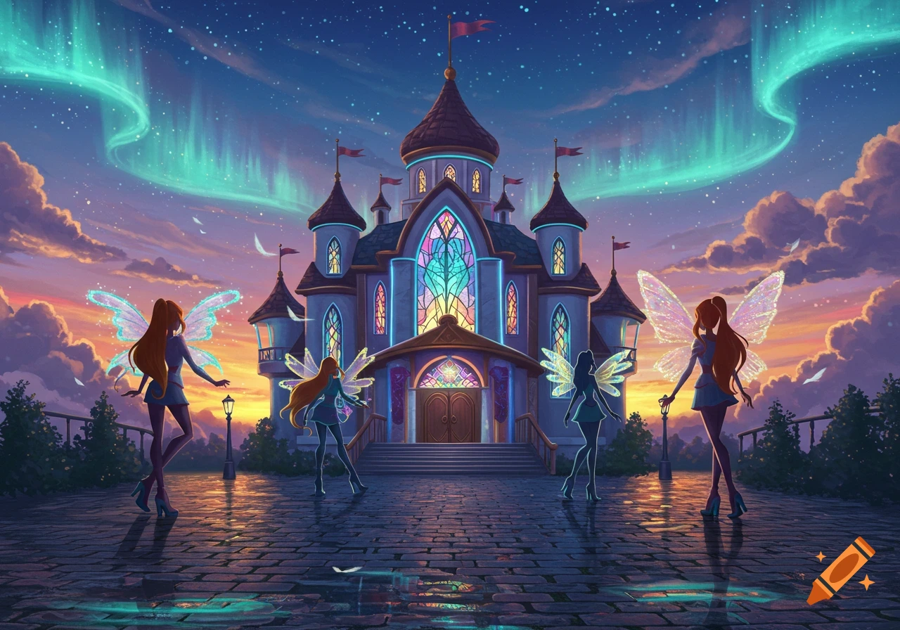 Anime-style silhouettes of fairies with glowing wings stand before a magical castle, under a starry sky with aurora and sunset clouds.