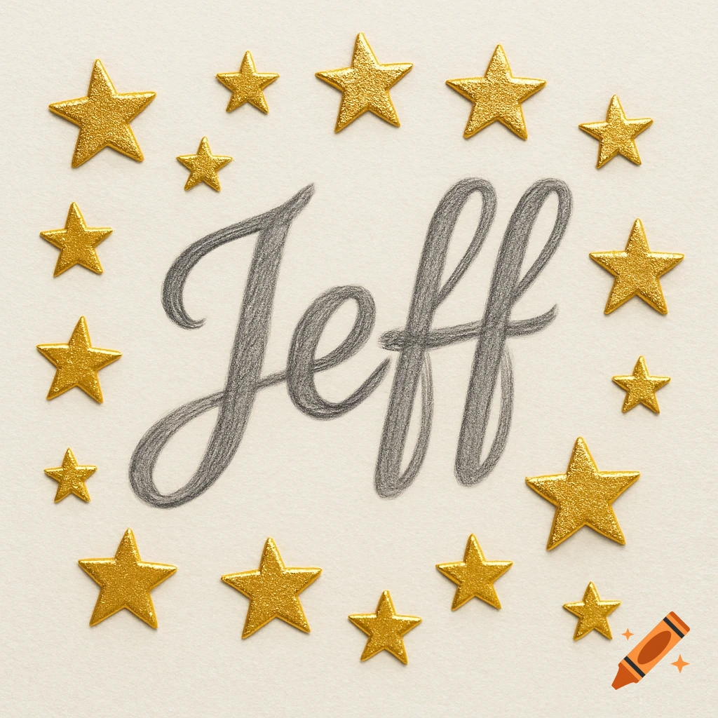 The name "Jeff" written in a stylized pencil script, surrounded by shiny gold foil star stickers on a light background.