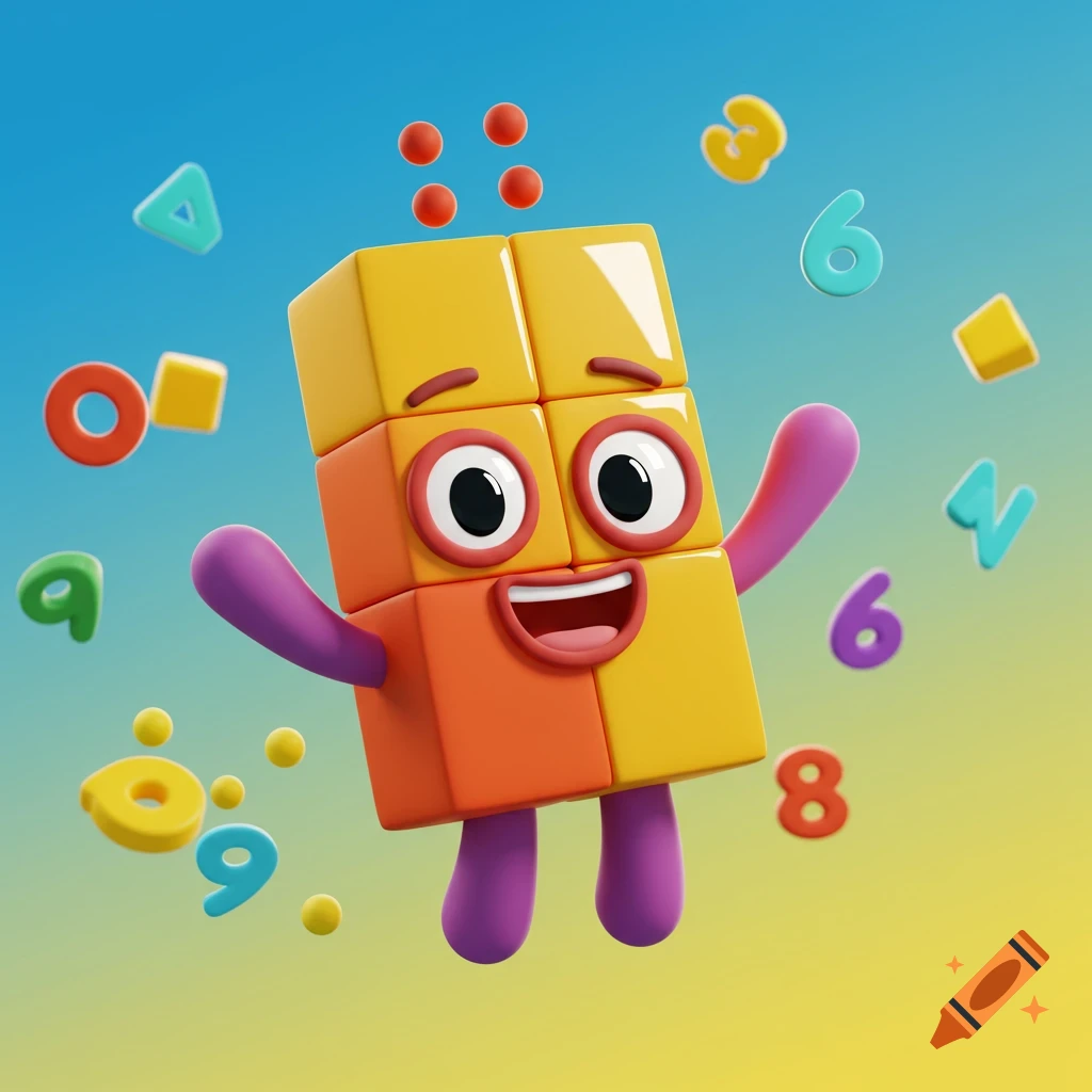 A smiling, blocky orange and yellow character, resembling Numberblock Five, with purple arms and legs, floats surrounded by colorful numbers and shapes against a blue and yellow gradient background.