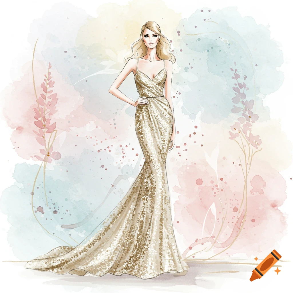 A fashion illustration of a woman in a sparkling golden gown against a soft watercolor background.