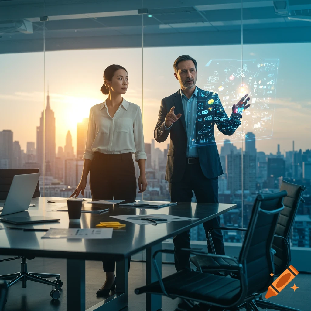 Man presenting with a holographic display to a woman in a modern office, city skyline at sunset, photorealistic.