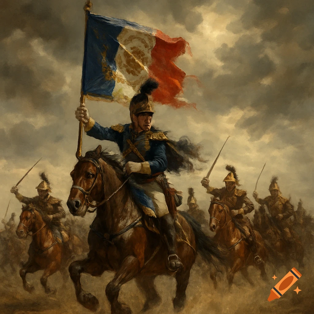 A painted scene of a Napoleonic cavalry officer on horseback, holding a large French flag, leading a charge with other horsemen in a dusty, dramatic setting.