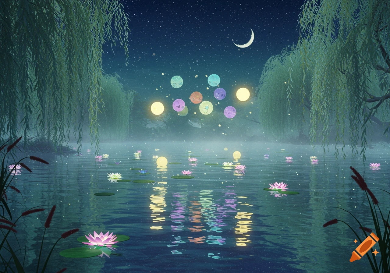 A dreamy night scene with glowing lily pads on a misty lake, under willow trees and a starry sky with a crescent moon and floating luminous orbs.
