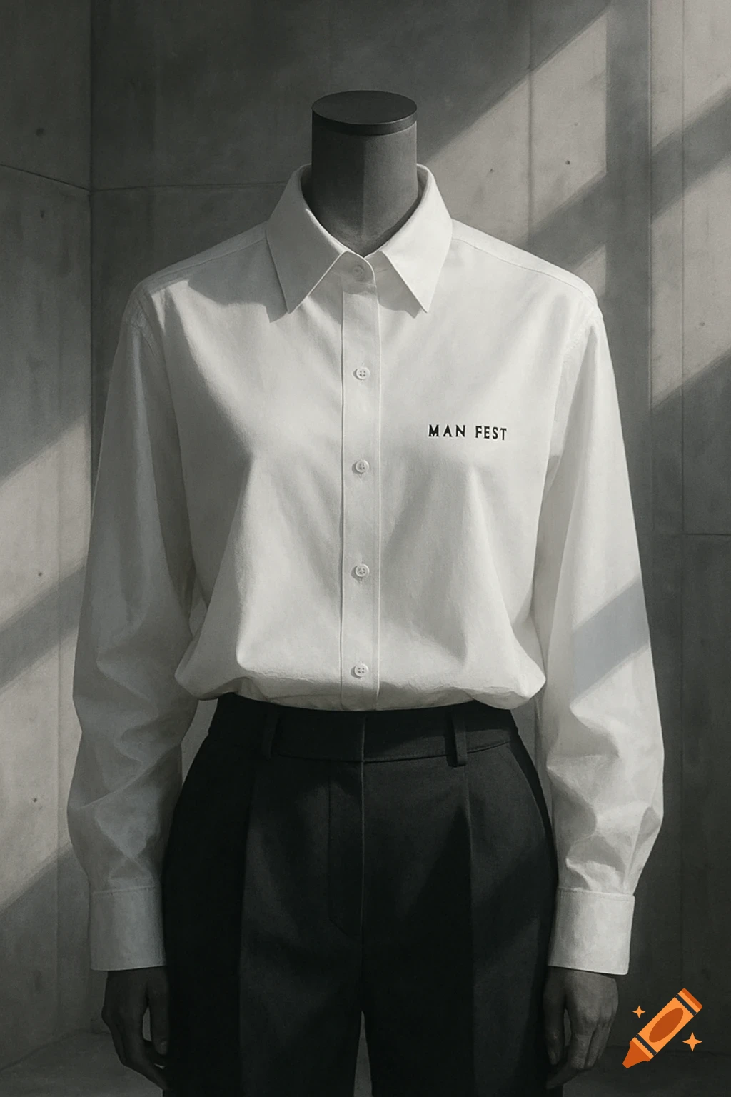 A mannequin in a white button-up shirt with 'MAN FEST' text and dark pleated pants stands against a concrete wall with shadows.