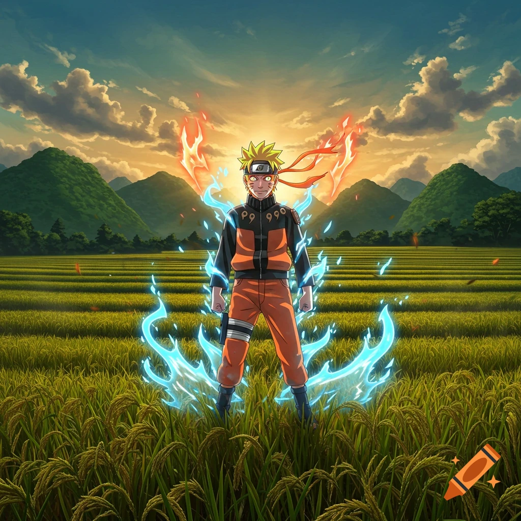 Naruto stands in a rice field at sunset, surrounded by blue and red glowing aura in an anime style.