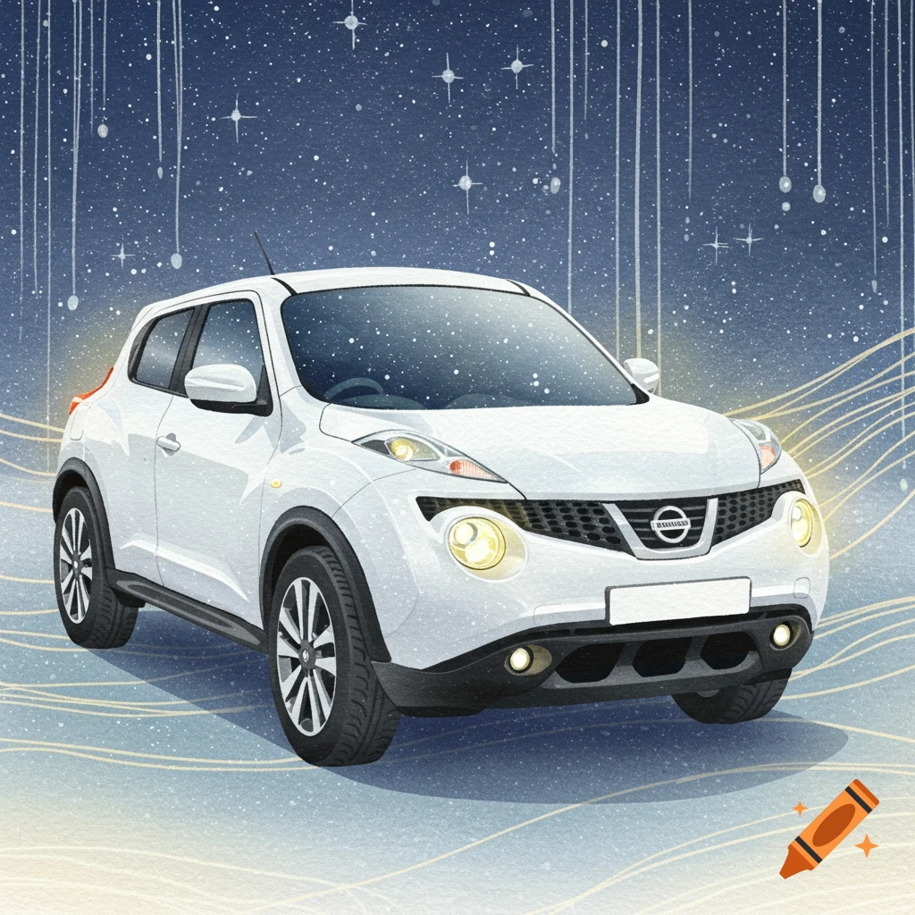 A dreamy watercolor illustration of a white Nissan Juke car glowing under a starry, snowy night sky.