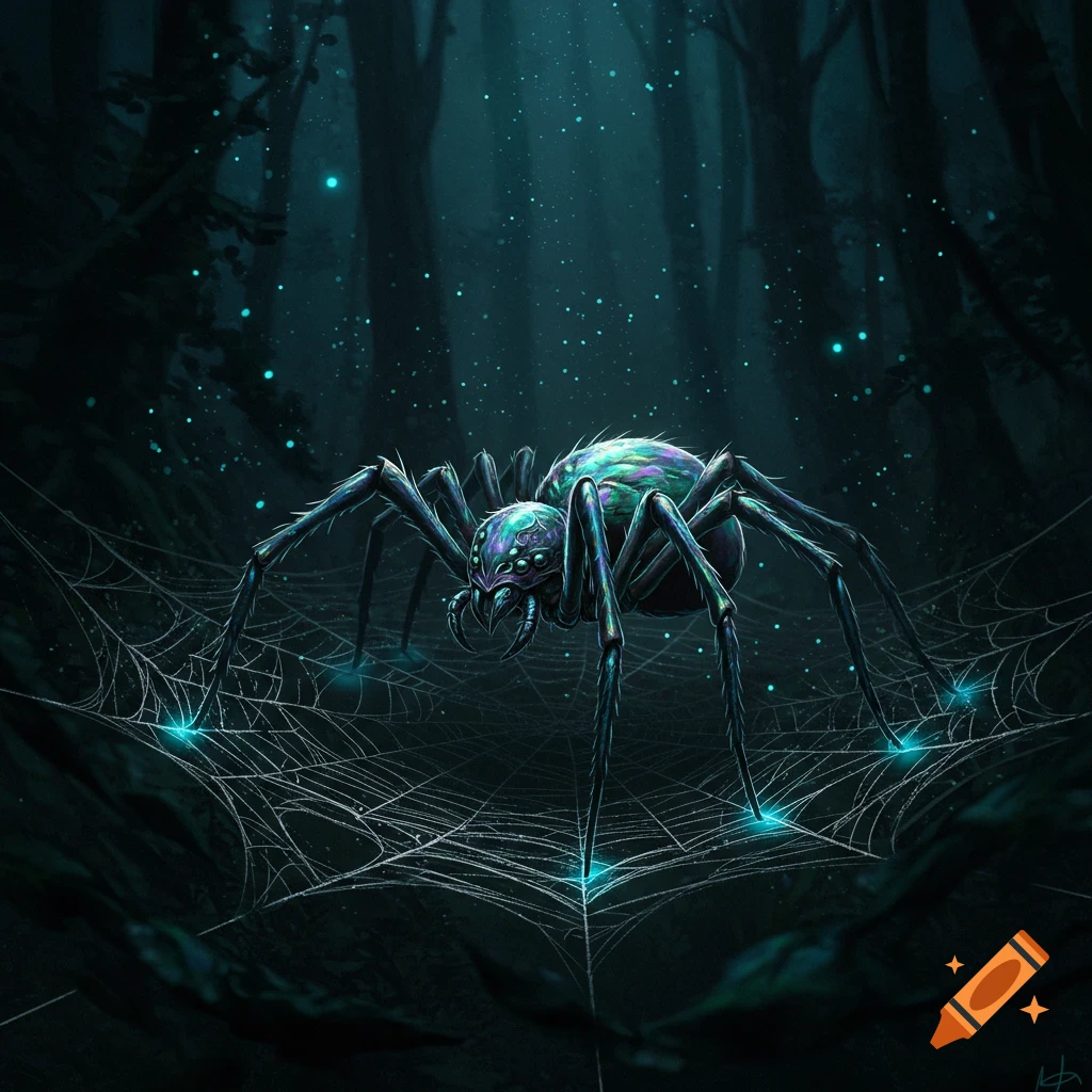 A vibrant, iridescent spider with blue and purple hues sits on a glowing web in a dark, magical forest.