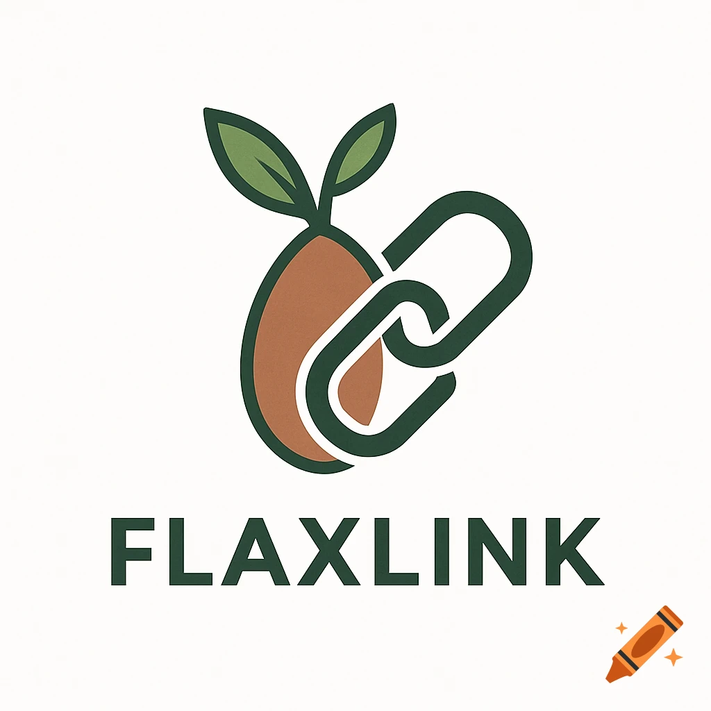 Minimalist vector logo for FlaxLink with an almond-like plant sprout linked with a chain on a white background.