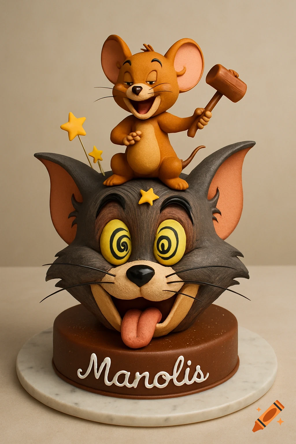 A realistic birthday cake featuring Jerry holding a hammer atop a dazed Tom's head, with 'Manolis' on the base.