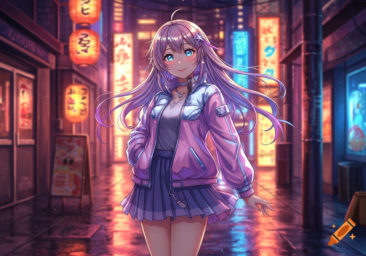 An anime girl with long purple hair, wearing a pink jacket and purple skirt, smiles in a neon-lit city street at night.