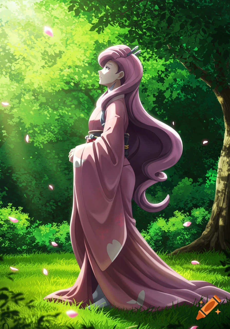 Anime style Cogita from Pokemon in a pink kimono stands in profile, looking up in a sunlit forest with falling pink petals.