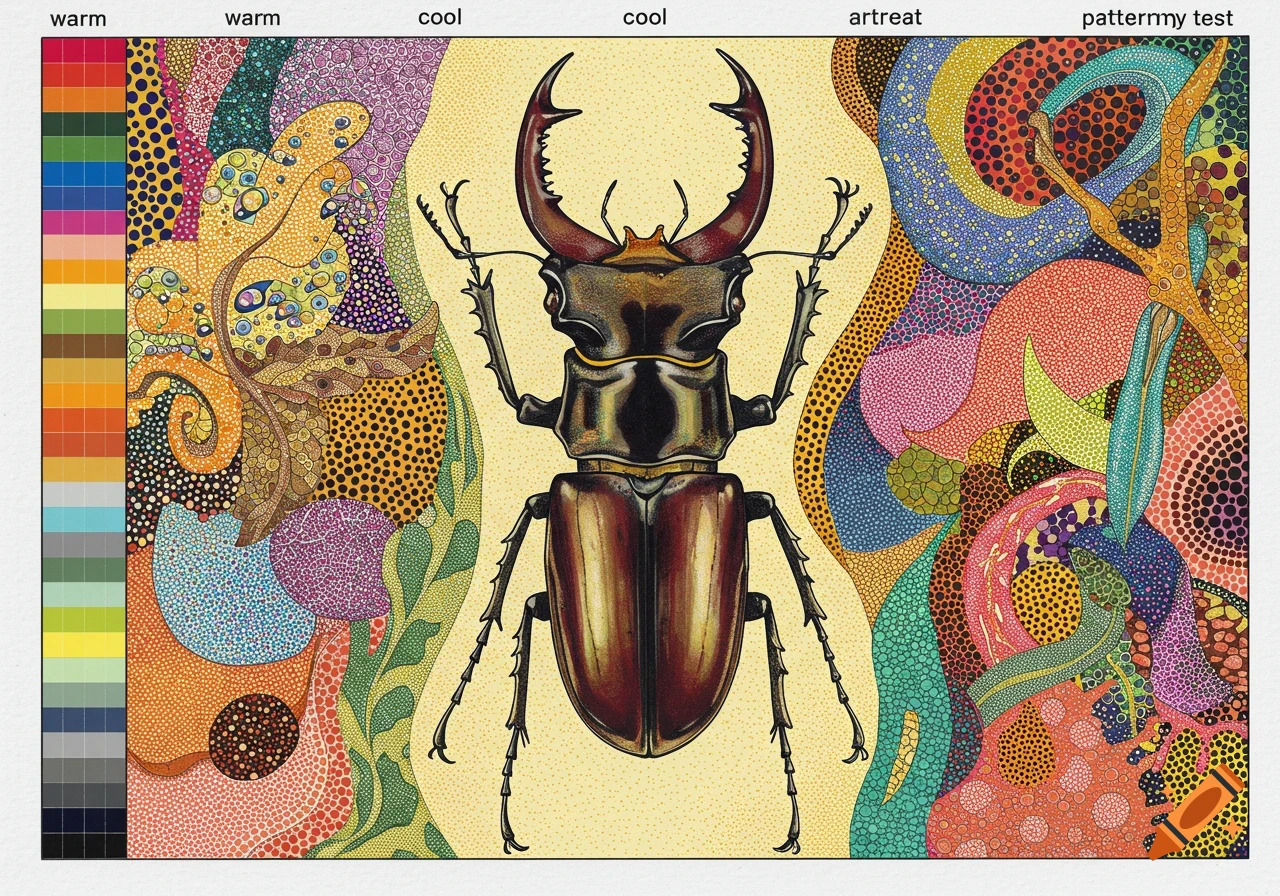 A detailed stag beetle against a vibrant background of colorful dots and organic patterns, with a color palette and text labels on the side and top.