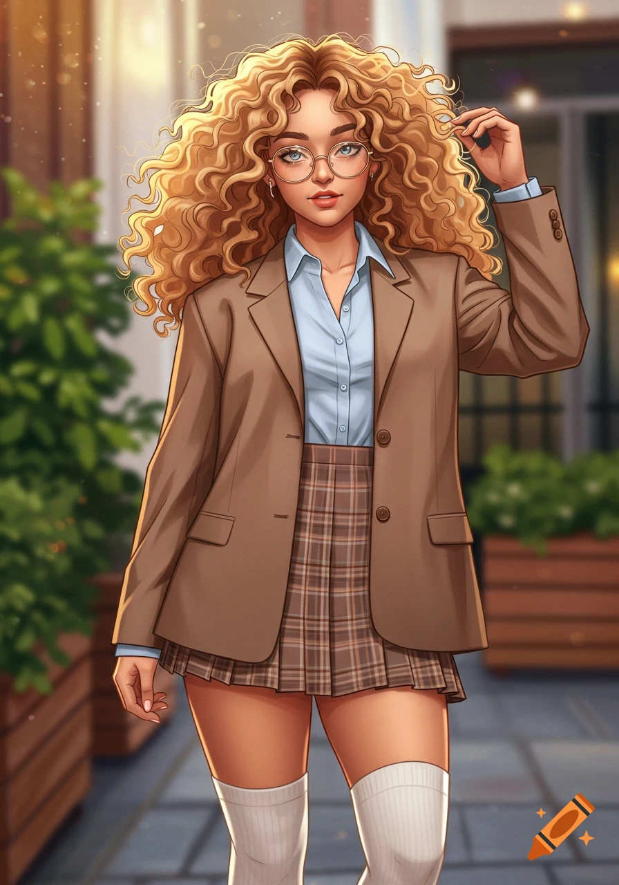 A young woman with curly blonde hair and glasses, wearing a brown blazer, blue shirt, plaid skirt, and white knee-high socks, in an anime style.