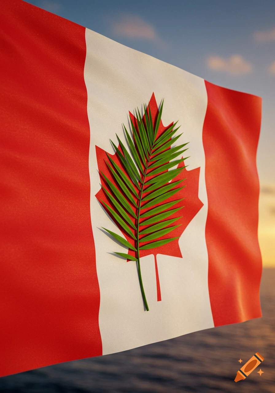 A Canadian flag with a green palm leaf replacing the maple leaf, waving against a sunset sky over water.