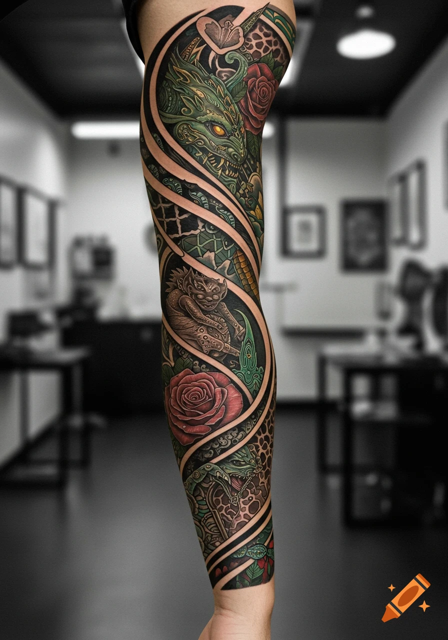 Vibrant, detailed full sleeve tattoo featuring a green dragon head, a goblin-like creature, and red roses on a person's arm.