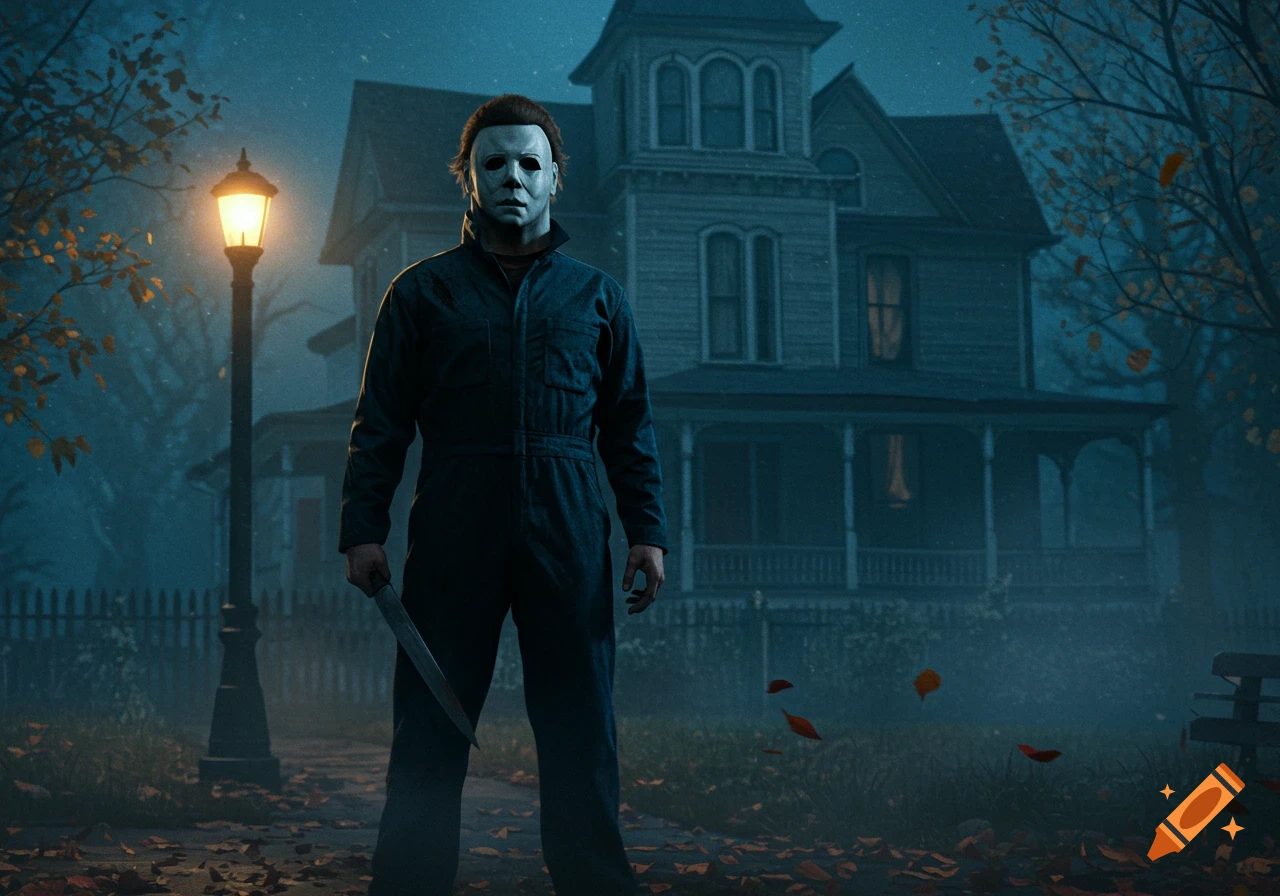 Michael Myers stands holding a knife in front of a spooky Victorian house at night, with a glowing street lamp and fallen leaves.