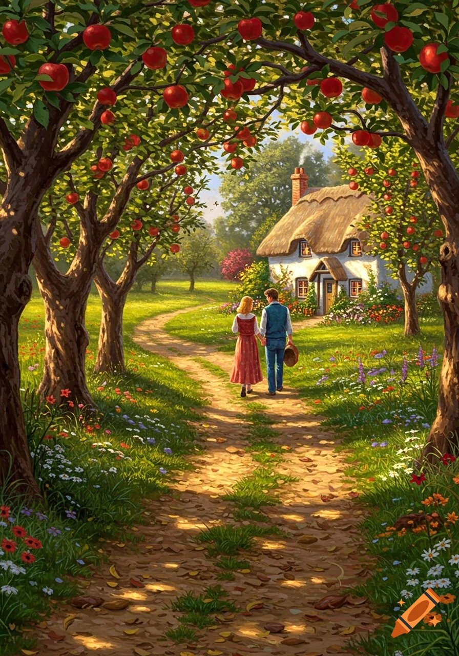 A couple walks hand-in-hand down a dirt path, through a vibrant apple orchard, towards a charming thatched-roof cottage under a sunny sky.