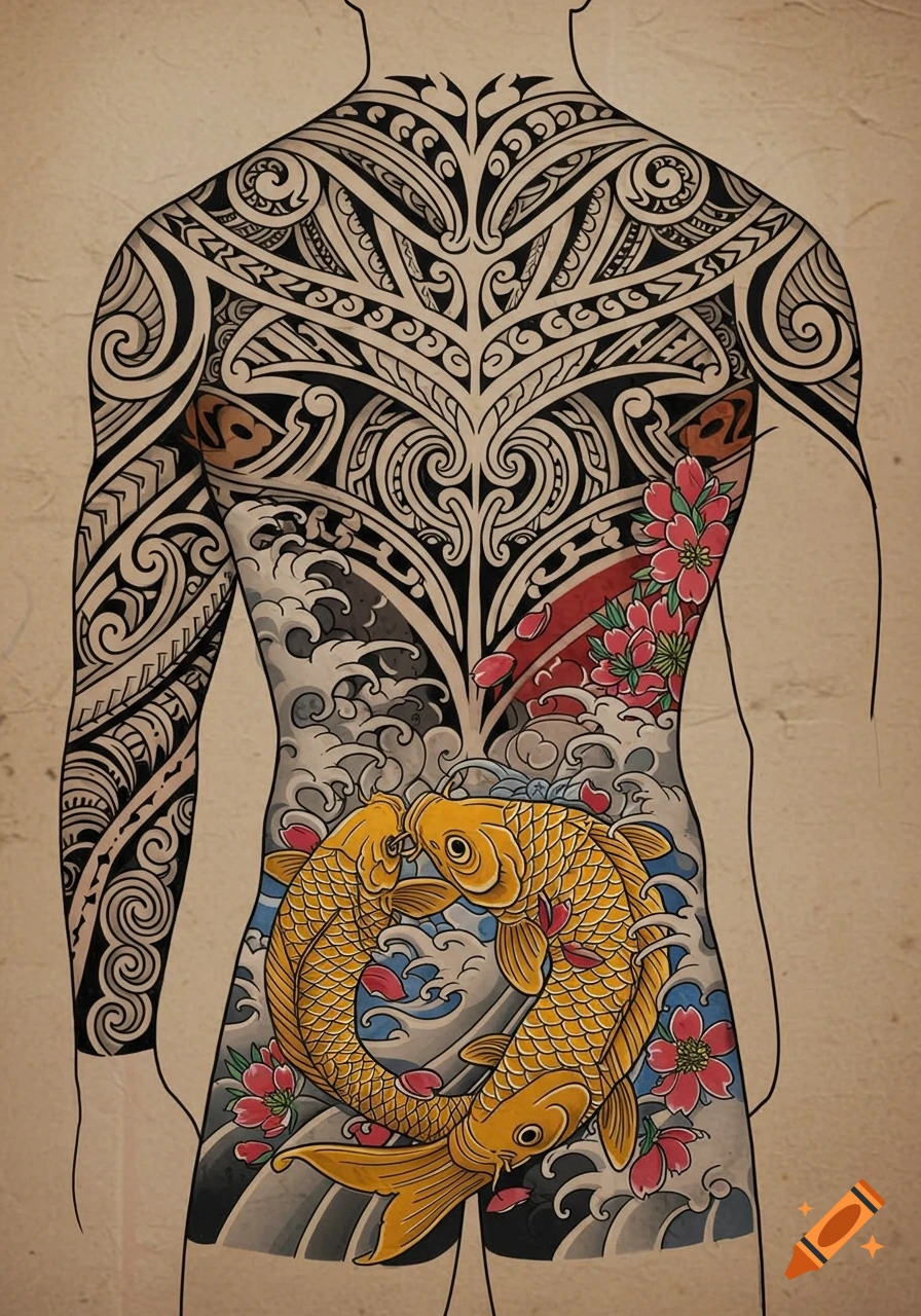 An illustration of a human back with a tattoo design featuring black Māori tribal patterns on the upper half and colorful Japanese style on the lower half, depicting two golden koi fish amidst waves and pink cherry blossoms.