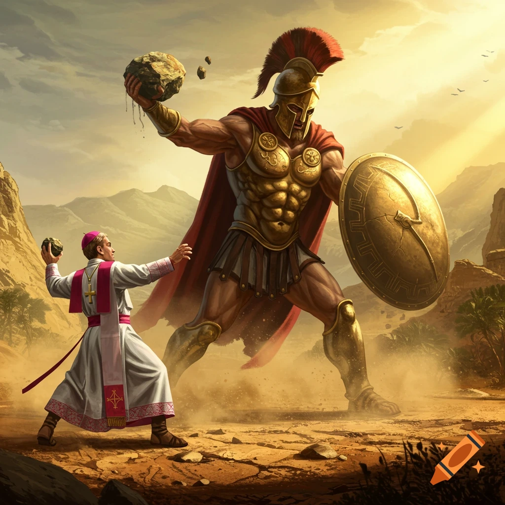 A bishop slings a rock at a giant, muscular Spartan warrior holding a large rock and shield in a dusty desert landscape, digital art.