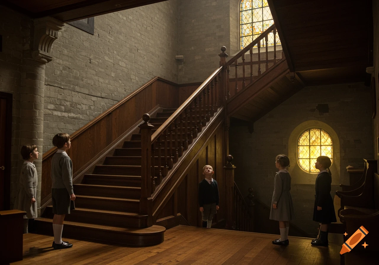 Photorealistic image of five young children in uniforms looking up a grand wooden staircase in a dimly lit old brick school interior with stained glass windows.