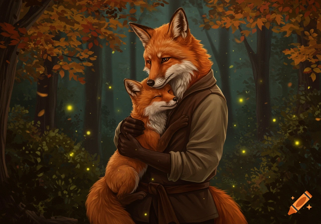 An adult anthropomorphic fox embraces a smaller fox in an enchanted autumn forest with glowing fireflies. Digital painting.