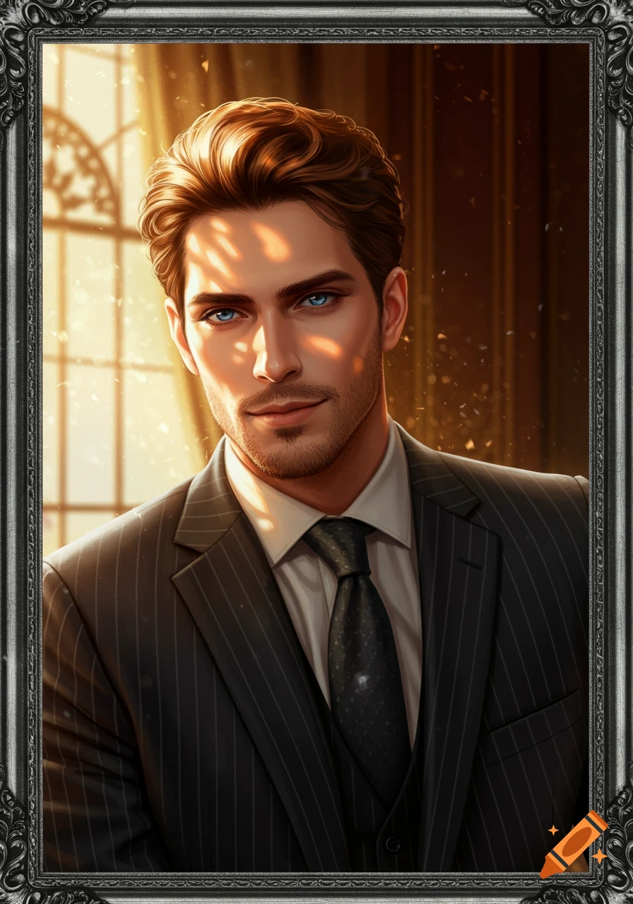 A digital art portrait of a handsome man with blue eyes and brown hair, in a pinstripe suit, framed by an ornate border.