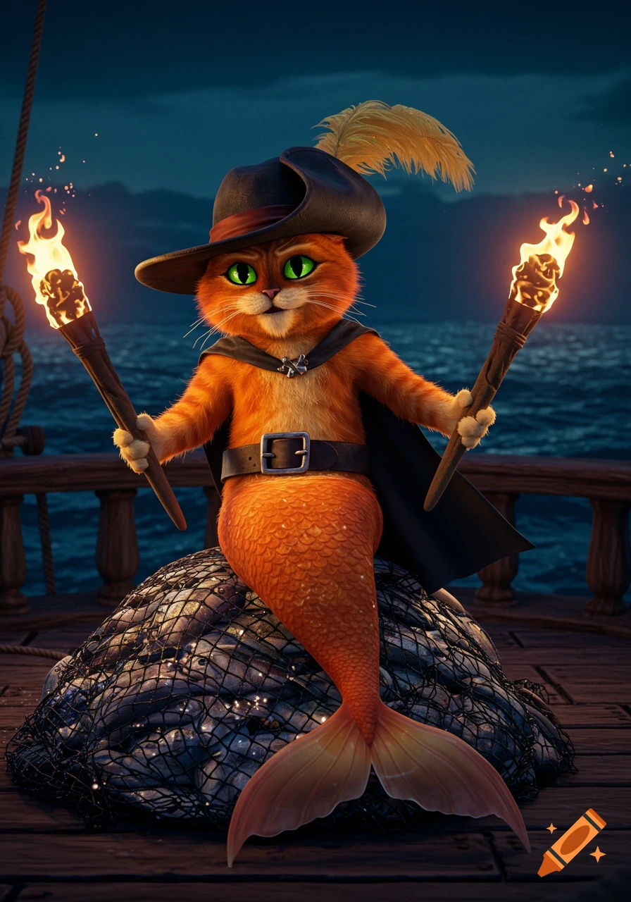 3D render of Puss in Boots with an orange mermaid tail, wearing a pirate hat, holding two lit torches on a boat at night.
