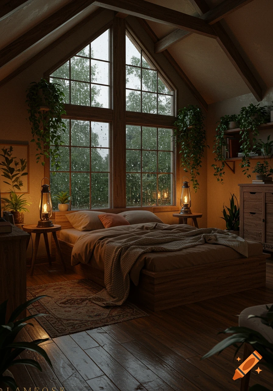 A cozy, rustic attic bedroom with a large bed, lit lamps, and plants. Rain falls on the big window overlooking green trees.