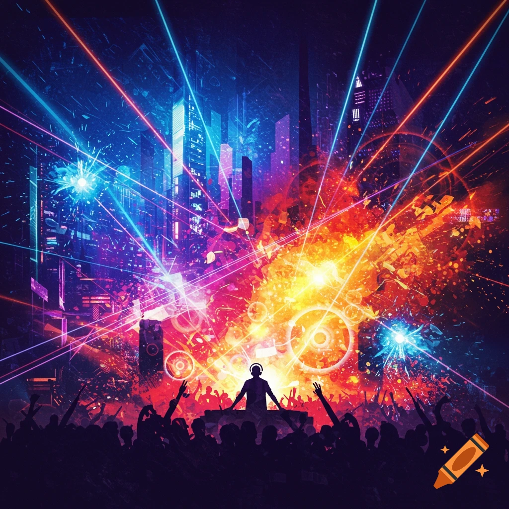 Silhouette of a DJ playing at a vibrant, energetic concert with a crowd and colorful neon lights exploding around a city skyline, digital art.