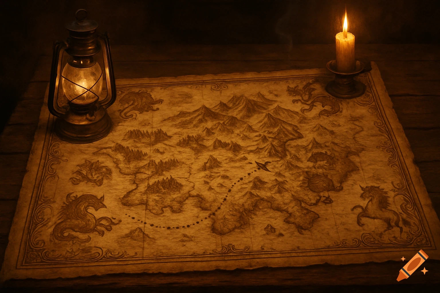 A vintage fantasy map on a wooden table, lit by a lantern and candle, showing mountains and mythical creatures.