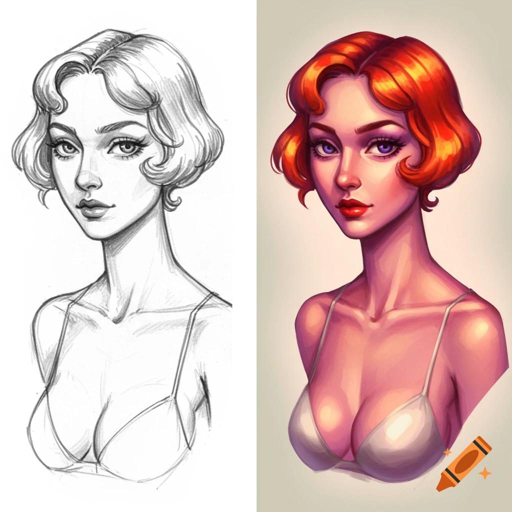 A split image showing a woman's portrait: a black and white pencil sketch on the left and a vibrant colored digital painting on the right.