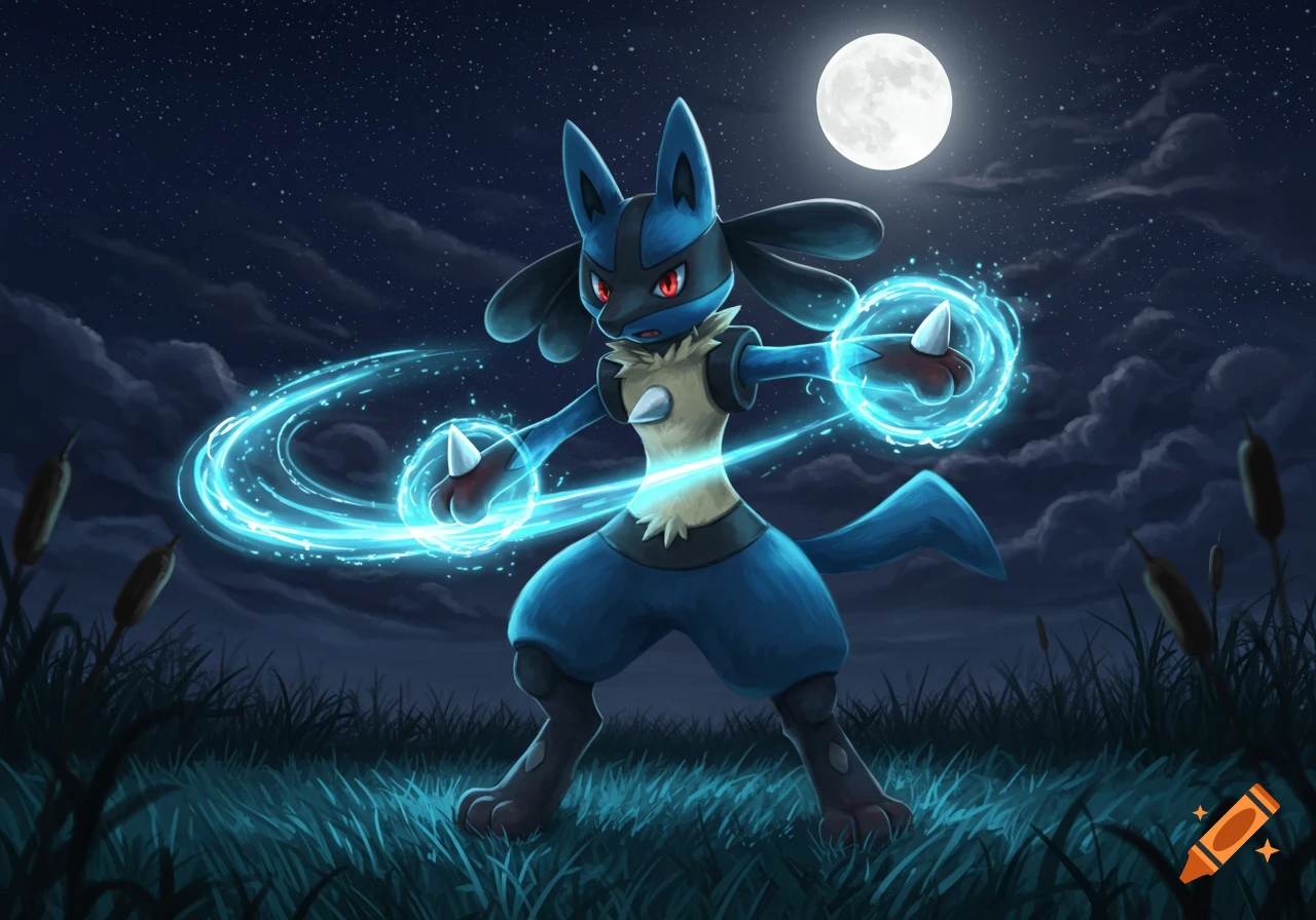 A blue and black Lucario Pokémon stands in a grassy field at night, generating glowing blue energy around its hands under a full moon.