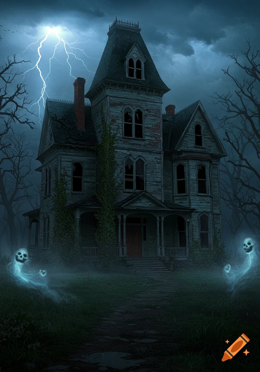 An old, dilapidated haunted house with broken windows under a stormy, lightning-filled sky. Glowing blue ghost figures float in the misty foreground.