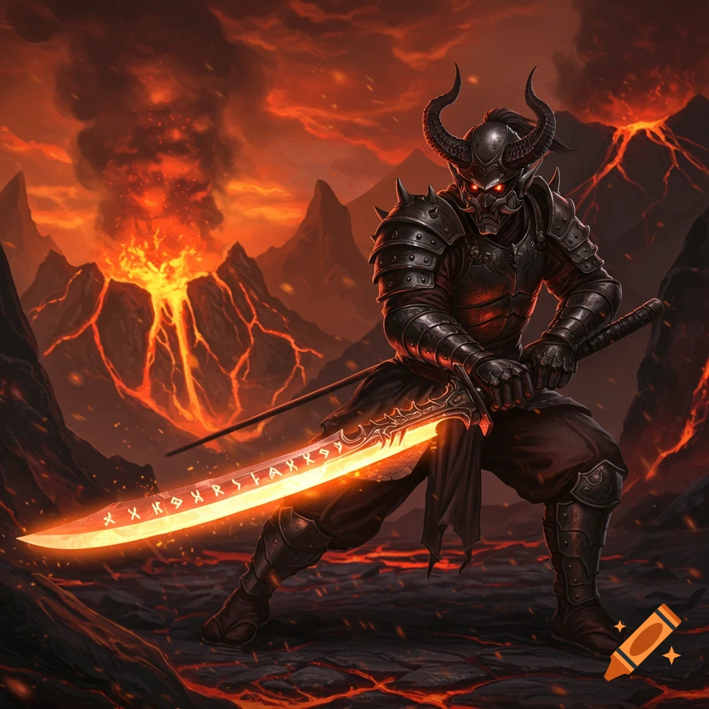 A dark armored demon warrior with glowing red eyes and horns stands with a glowing runic sword in a volcanic, lava-filled landscape.