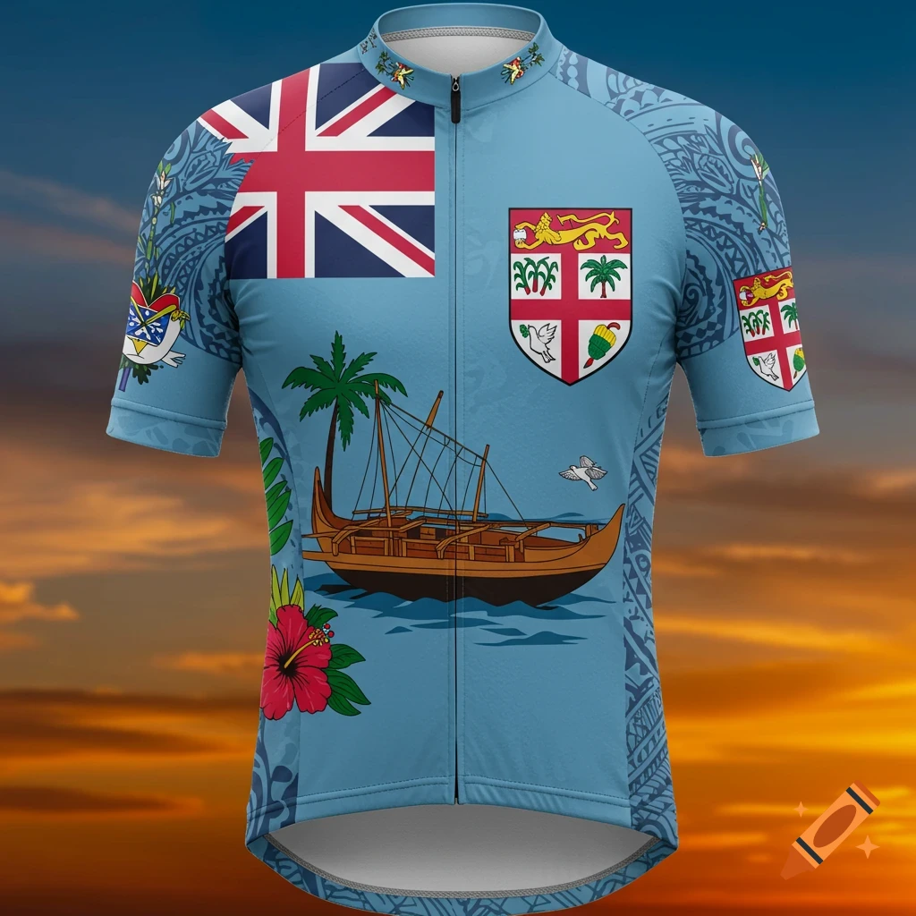 A cycling jersey designed with the Fiji flag, national emblems, a traditional boat, and a hibiscus flower.