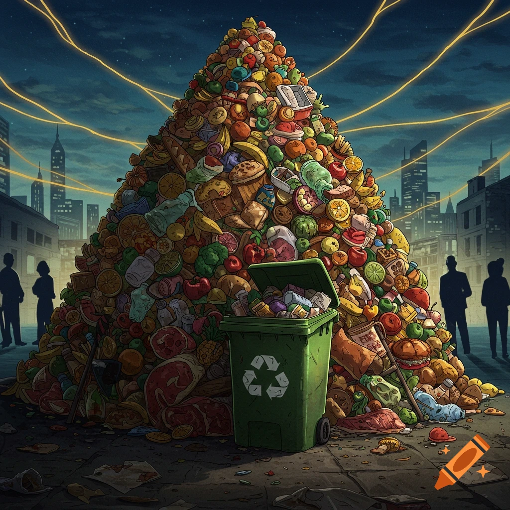 Cartoon illustration of a colossal pile of food waste and garbage in a city street, with a green recycling bin in the foreground.