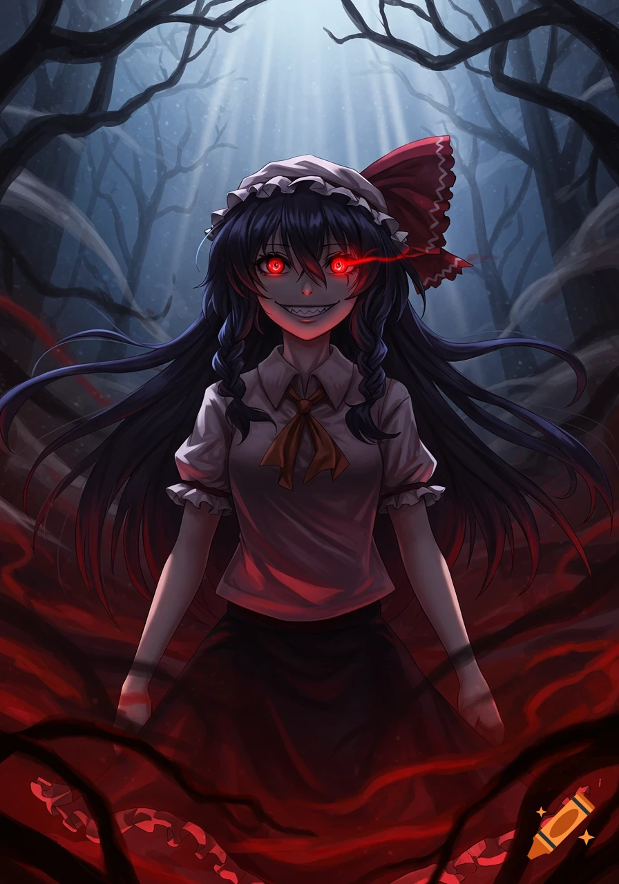 Rumia from Touhou with glowing red eyes and sharp, menacing smile, in a dark, gnarled forest with red mist.
