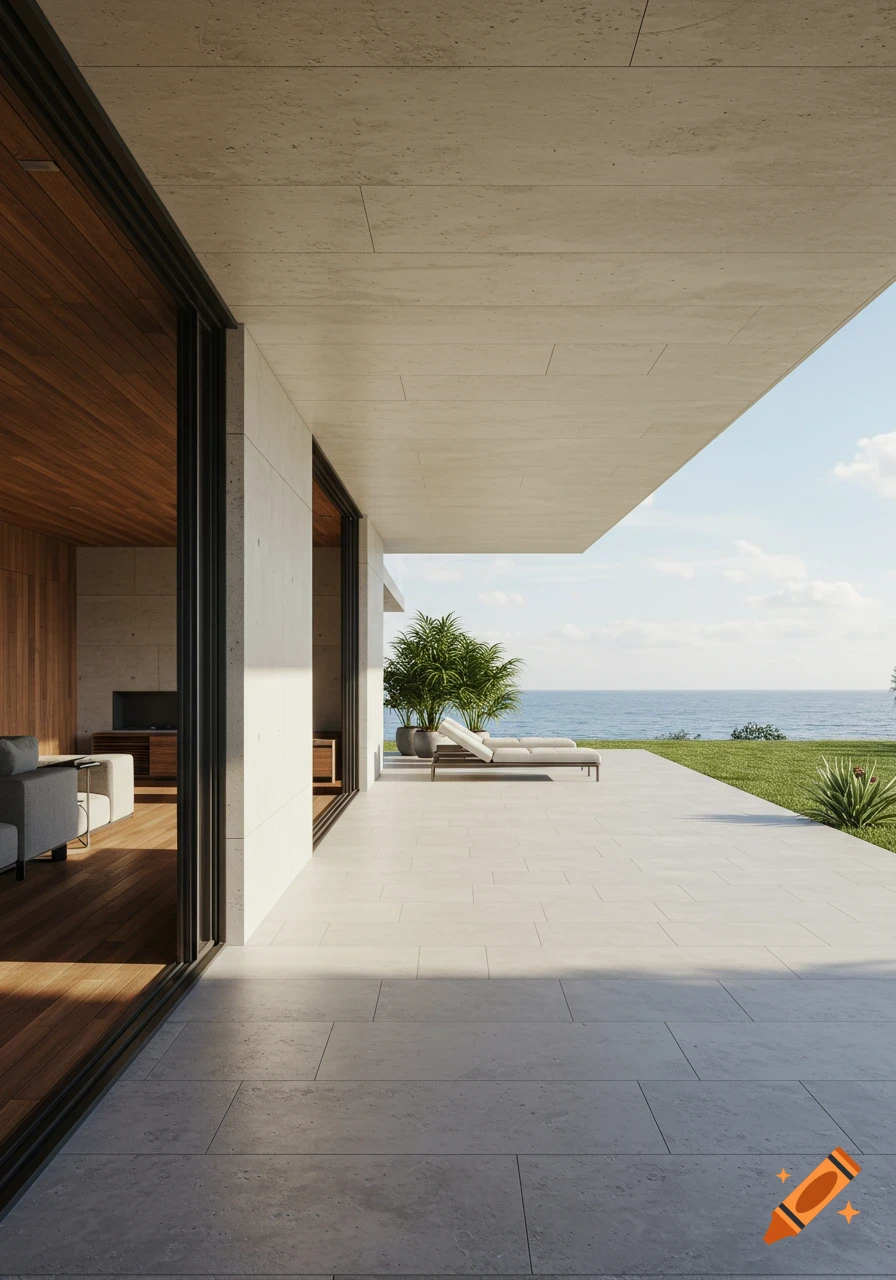 Photorealistic rendering of a modern house patio with light-tiled flooring, a lounge chair, and potted plants, facing a vast ocean.