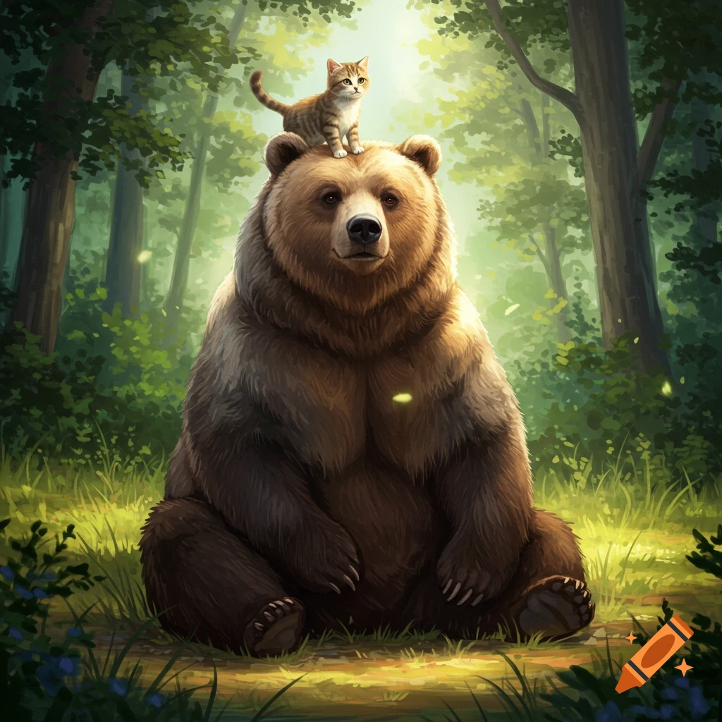 A realistic-looking brown bear sits in a sunlit forest with a striped cat standing on its head. Painterly style.